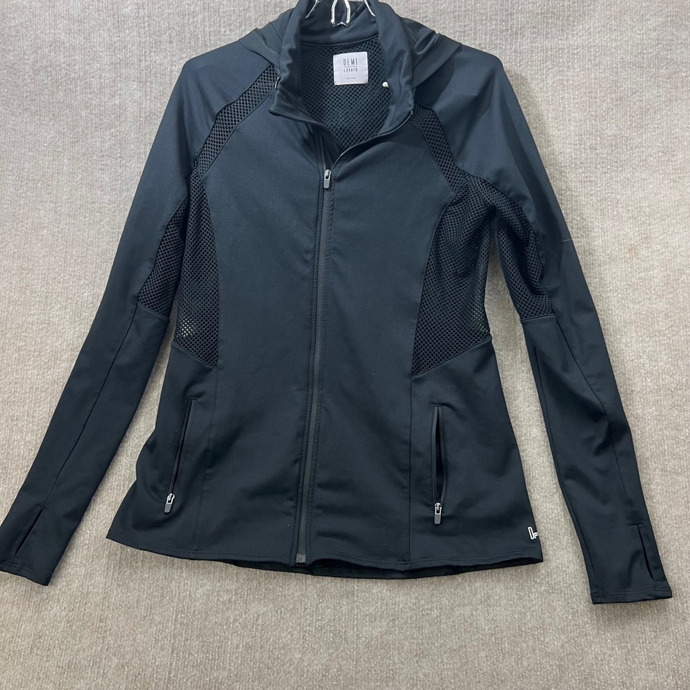 Demi Lovato Fabletics Black Mesh Athletic Jacket Hoodie Thumbholes Women's L